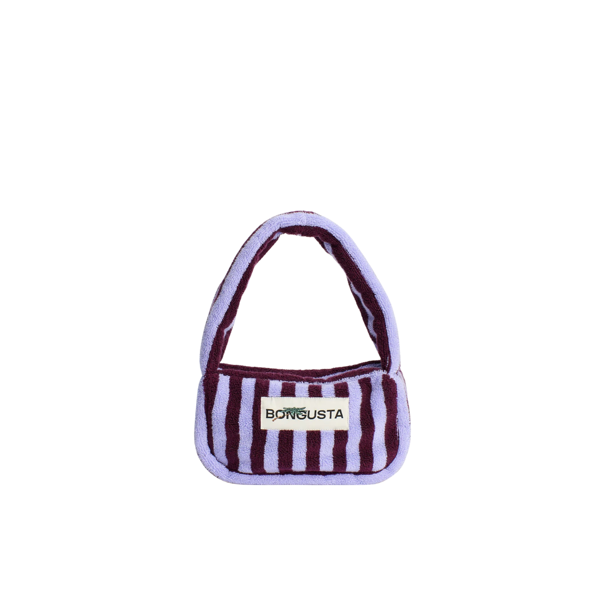 De Bongusta Naram Mini Bag Wine & Lavender Blue is een kleine, rechthoekige tas van biologisch katoen met paarse en bordeauxrode strepen, een handvat en een BON GUSTA logopatch op de voorkant.