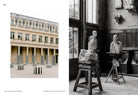 Links: Beroemde buitenplaats met zwart-wit gestreepte zuilen, zoals te zien in de Cozy Publishing Parijs Droomtips voor de Stad van de Liefde Reisgids. Rechts: Zwart-witfoto van gebeeldhouwde bustes in het atelier van een kunstenaar.