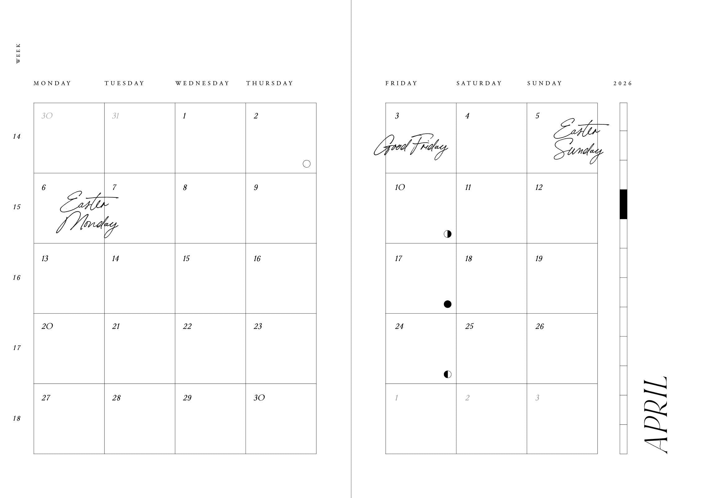 De Cozy Publishing Planner 2026 You Are Made of Magic van Cozy Publishing heeft een minimalistische zwart-wit aprilspread met handgeschreven notities, koffiekleurige linnen accenten en markeert Goede Vrijdag (3 apr), Paaszondag (5 apr) en Paasmaandag (6 apr).