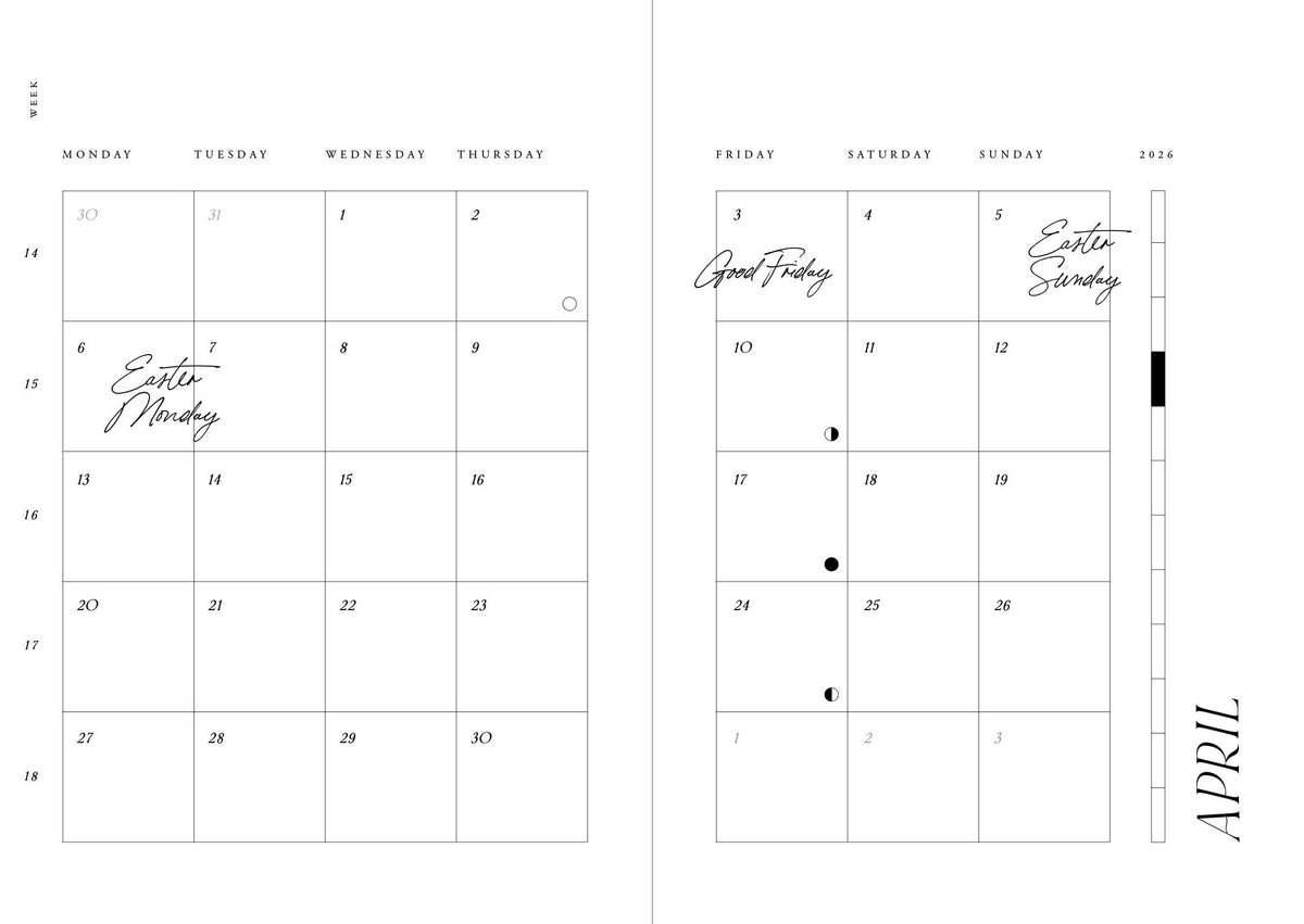De Cozy Publishing Planner 2026 You Are Made of Magic van Cozy Publishing heeft een minimalistische zwart-wit aprilspread met handgeschreven notities, koffiekleurige linnen accenten en markeert Goede Vrijdag (3 apr), Paaszondag (5 apr) en Paasmaandag (6 apr).