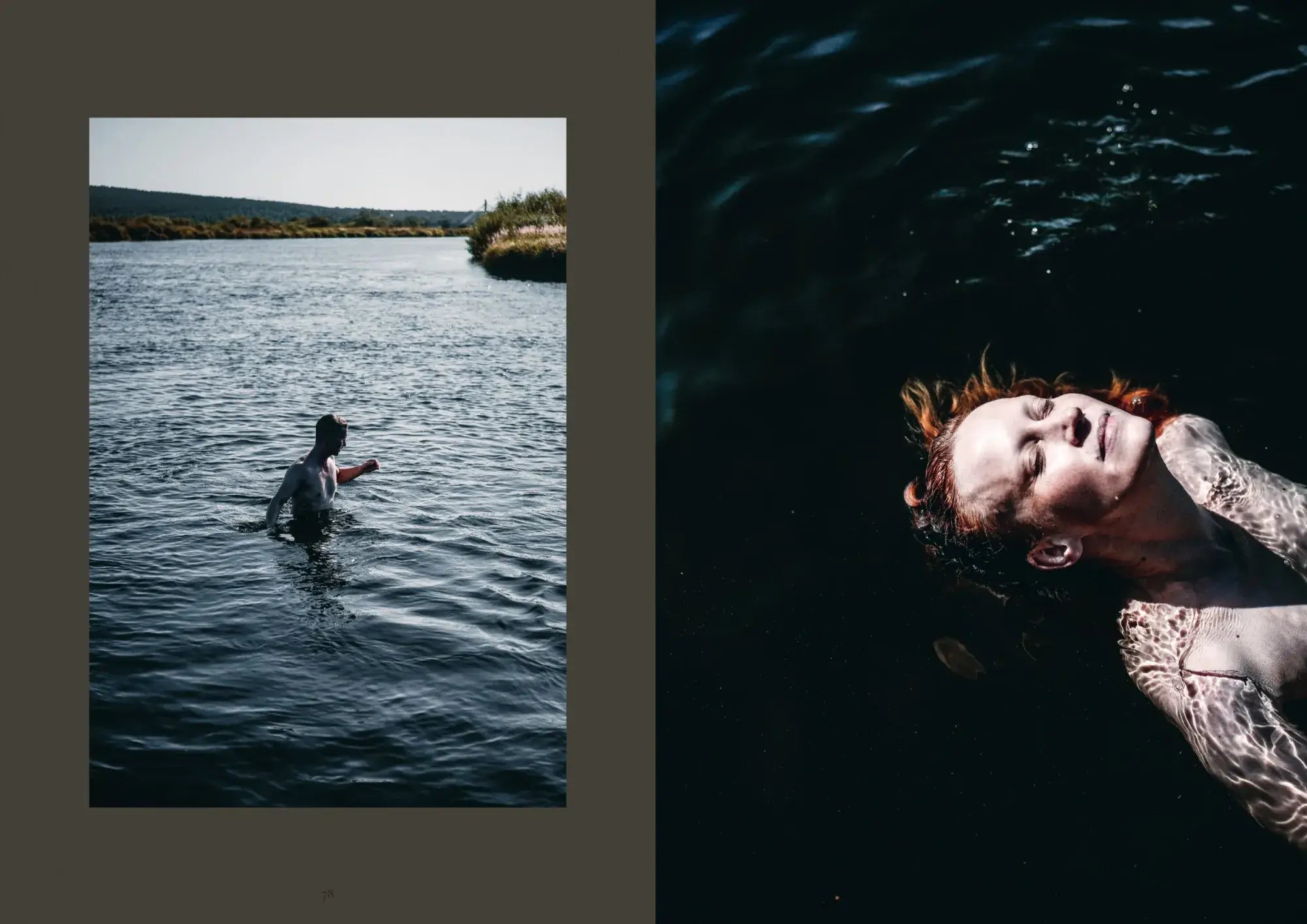Een gesplitst beeld: links zie je een persoon tot zijn middel in een zonovergoten rivier; rechts roept een close-up het Noordelijke welzijn op als iemand op donker water drijft - momenten die doen denken aan die in het Cozy Publishing Sauna Boek van Cozy Publishing.