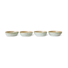 Twee kleine keramische schaaltjes uit de HK Living 70s Ceramics Pasta Kom Petal set, met een lichtgroen en beige glazuur, staan in een rechte lijn op een witte achtergrond.