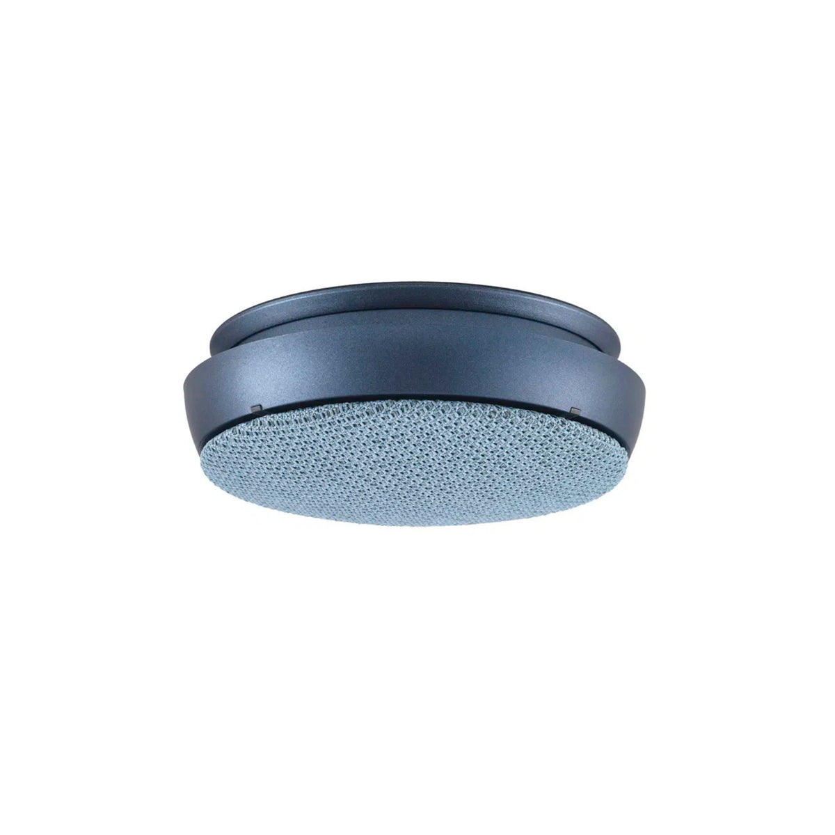 De Jacob Jensen Optical Rookmelder Blauw D10 heeft een modern rond ontwerp met een slanke zwarte behuizing en lichtgrijze gaasbodem, getoond vanuit een lage hoek tegen een witte achtergrond.