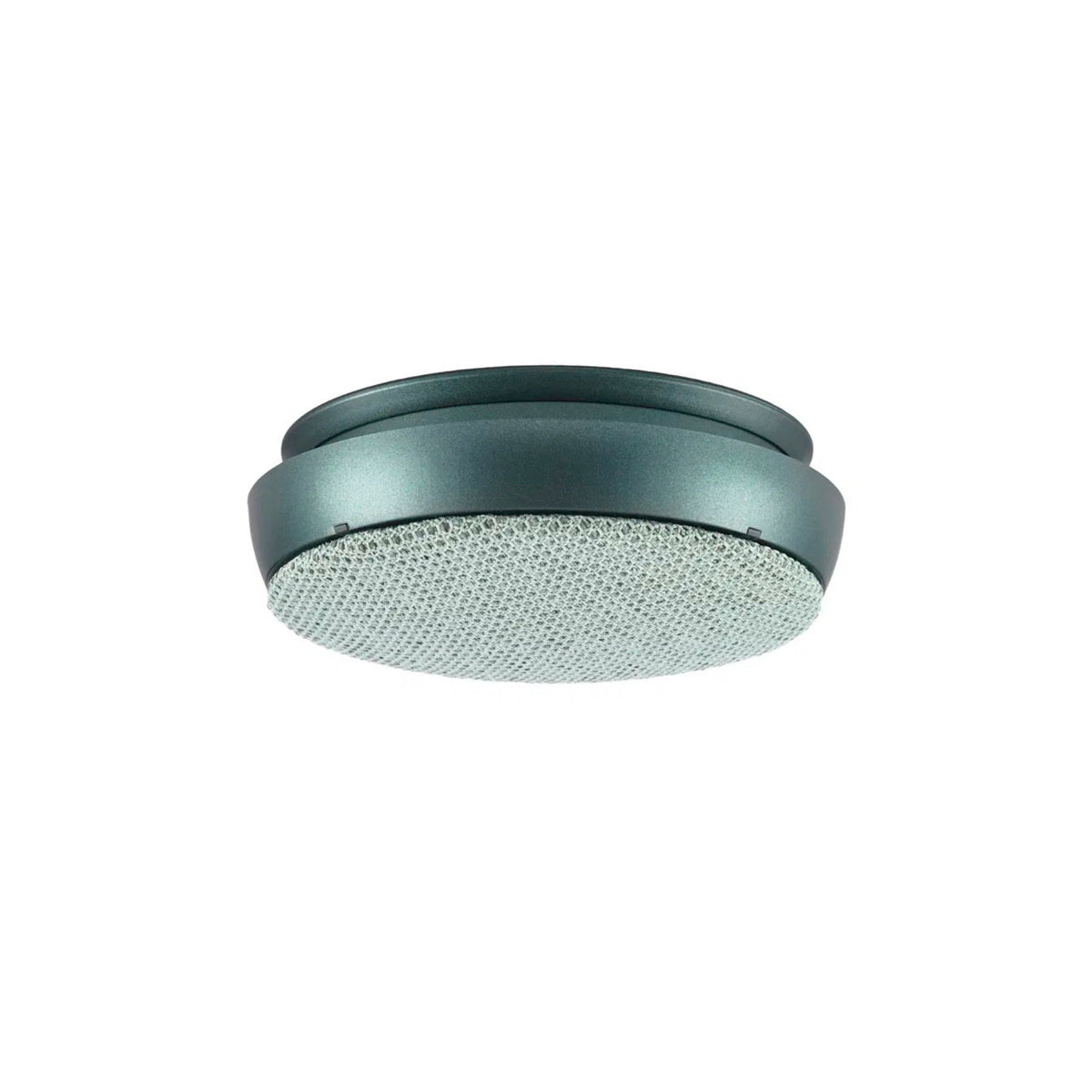 De Jacob Jensen Optical Rookmelder Groen D10 is een ronde, platte metalen rookmelder met een gestructureerd deksel. Dit moderne Jacob Jensen-object met Scandinavisch design wordt weergegeven tegen een effen witte achtergrond.
