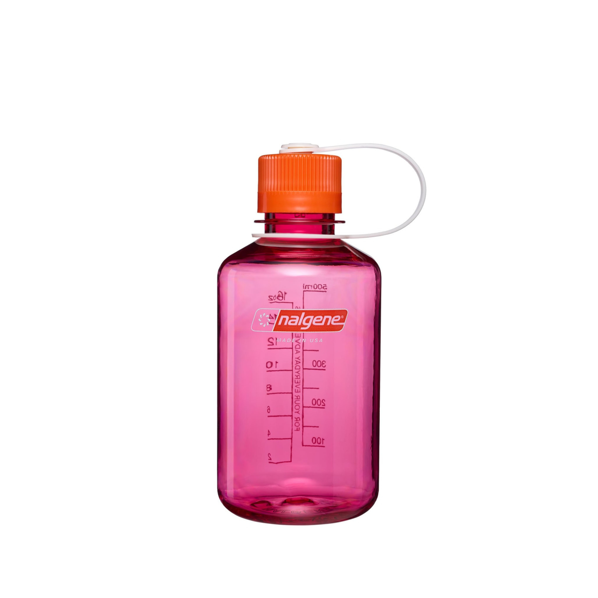 De Nalgene Drinkfles met smalle opening, fuchsia-paars, Flame, 500 ml is een doorschijnende roze fles met een smalle opening, een oranje schroefdop, een wit koordje, BPA-vrij plastic, maatstreepjes en het Nalgene-logo op de voorkant.