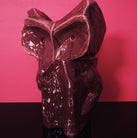 De Serax Marni After Midnight Uil Vaas Aubergine S is een glanzende, abstracte vaas van keramiek die lijkt op het gezicht van een uil, met brede ogen en een roze en zwarte achtergrond die de speelse geest van Marni weergeeft.