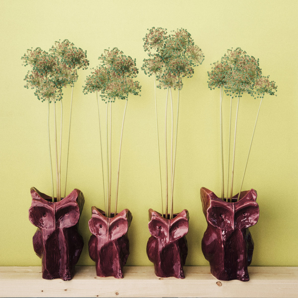 Vier Serax Marni After Midnight Uil Vaas Aubergine S, elk gevuld met lange groene alliumstengels, zijn gerangschikt op een lichte houten plank tegen een lichtgele achtergrond - een verwijzing naar de speelse esthetiek van Marni design.